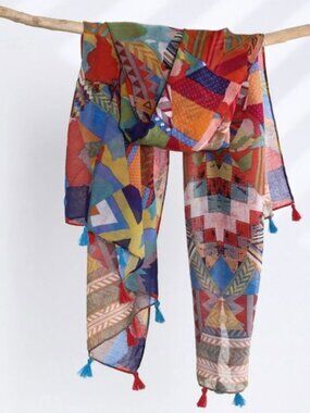Multi Color Exotic Woman Scarf Red Tassel Shawl Colorful Head Wrap Rainbow Scarf